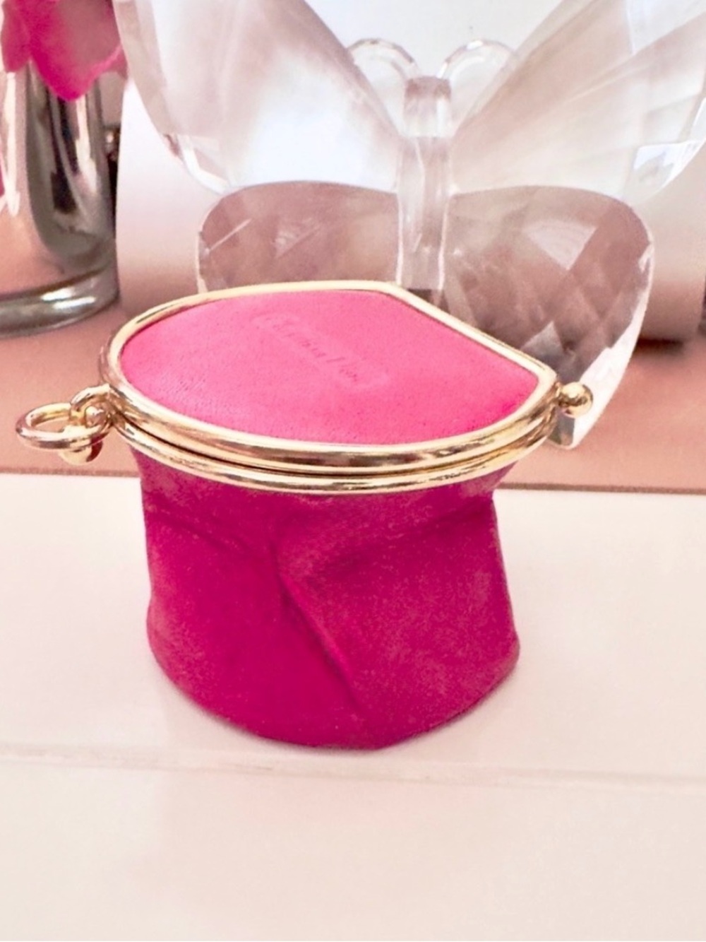 Rare Pink Vintage Dior Leather Collapsible Coin Purse Wallet Travel